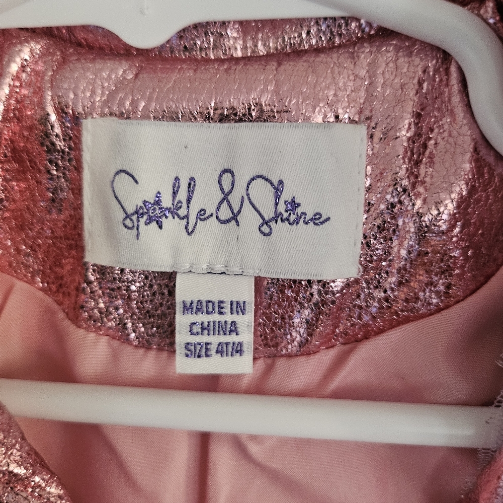 NWT Sparkle & Shine Girls Smiley Face Mesh Dress Metallic Moto Jacket Set, 4T - Picture 3 of 16